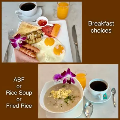 a collage of two pictures of breakfast food and coffee at The Lux Ladprao 10 in Bangkok