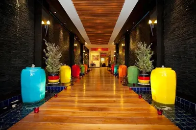 a hallway with colorful vases in a building at Siam Paradise Entertainment Complex in Bangkok