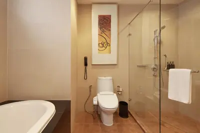 a bathroom with a toilet and a glass shower at Dusit Suites Hotel Ratchadamri, Bangkok in Bangkok