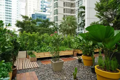a garden in a city with plants and buildings at Dusit Suites Hotel Ratchadamri, Bangkok in Bangkok