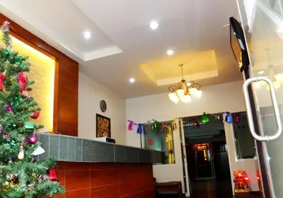 a living room with a christmas tree in a room at Orchid Inn in Bangkok