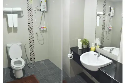 two pictures of a bathroom with a toilet and a sink at 24Residence Siriraj in Bangkok