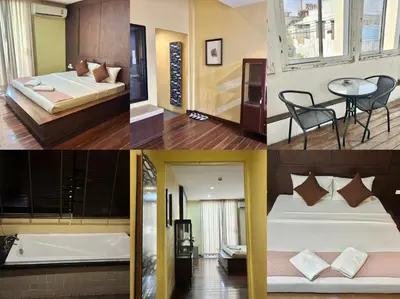 a collage of four pictures of a hotel room at Sabye Bangkok in Bangkok