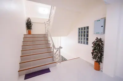 a staircase in a white room with two plants at U-need Guesthouse95 in Bangkok