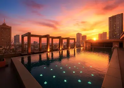 a swimming pool on top of a building with a city skyline at Palette Bella B All Suites Bangkok Hotel in Bangkok