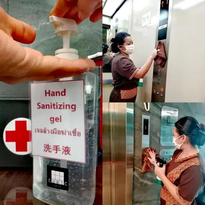a collage of pictures of a woman with a bottle of hand sanifying gel at Cubic Bangna in Bangkok
