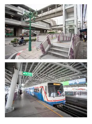 two photographs of a train station with a subway train at T2 2 Bedrooms 6 guests Full kitchen 1 min to BTS in Bangkok