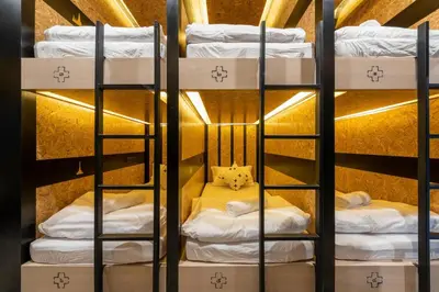 a bunk bed with a cat sitting in the middle at LOBSUEK Hostel in Bangkok