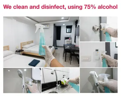 a collage of pictures of a room with cleaning equipment at P2 Silom Large 2beds full kitchen WIFI 4-6pax in Bangkok