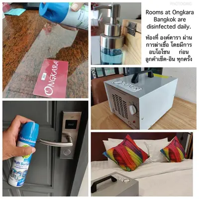 a collage of pictures with a refrigerator and a box at RoomQuest Sukhumvit36 BTS Thonglor in Bangkok