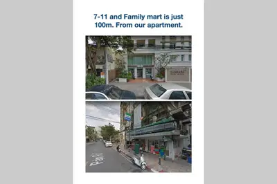 a collage of two pictures of a city street at P1 Silom Pan large room full kitchen WIFI 4-6pax in Bangkok