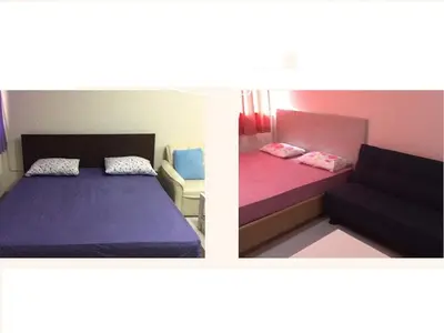 two pictures of a bedroom with a bed and a couch at DMK Don Mueang Airport Guest House in Bangkok