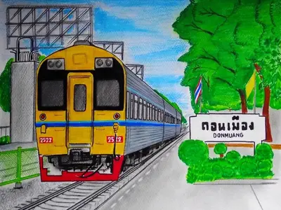 a drawing of a train on the tracks at DMK Don Mueang Airport Guest House in Bangkok