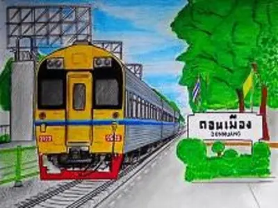 a painting of a train on the tracks at Asia Don Mueang Bangkok Condominium in Thung Si Kan