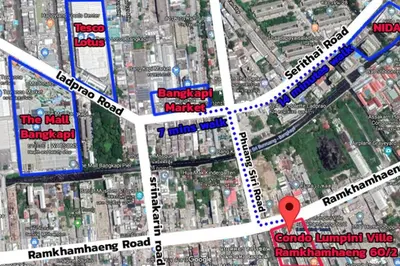 a map with a red marker on it at Nice Condo near Ramkhamhaeng 60, Lam Sali MRT in Bangkok