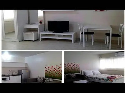 two pictures of a living room and a living room with a table at Dmk Don Mueang airport Guest House meet-greet service in Thung Si Kan
