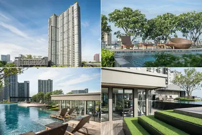 a collage of four pictures of a building at The Base Park East - Bangkok Sukhumvit 77 in Bangkok
