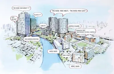 a conceptual diagram of a city with descriptions of buildings at The Base Park East - Bangkok Sukhumvit 77 in Bangkok