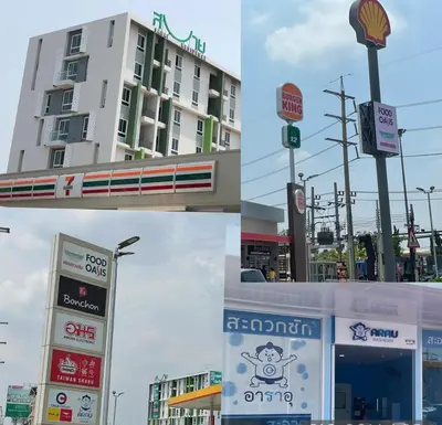 a collage of photos of a gas station and a building at Sabai Residence @Bangyai in Nonthaburi