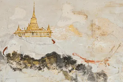 a painting of a building with a pagoda at Tim Mansion in Bangkok