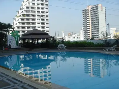 a large swimming pool with buildings in the background at Stunning 24th Fl Terrace Penthouse! in Bangkok