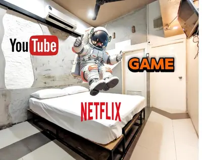 a room with an astronaut jumping on a bed at Hive28 in Bang Kapi