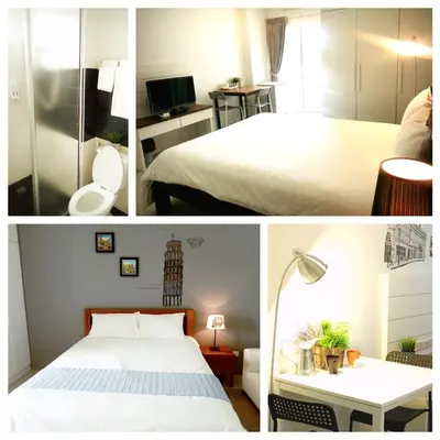 a collage of three pictures of a hotel room at Wealth 30th in Bangkok