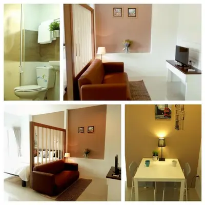 a collage of three pictures of a room at Wealth 30th in Bangkok