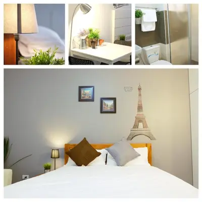 two pictures of a bedroom with a bed and the eiffel tower at Wealth 30th in Bangkok