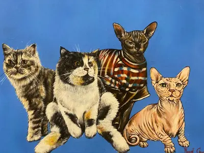 a painting of four cats sitting next to a man at Cafe ice resident in Yan Nawa