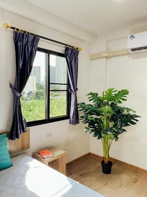 a room with a window and a potted plant at GP House Bangkok - Sukhumvit Onnut BTS Skytrain in Bangkok