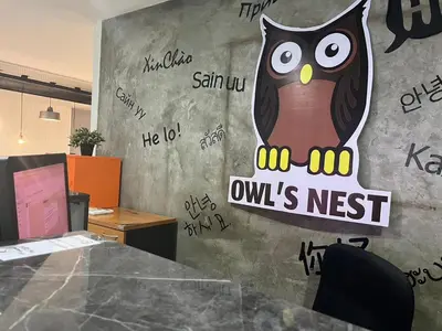 an office wall with an owl painted on it at Owl's Nest suk 30 in Bangkok
