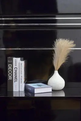 a shelf with books and a vase with a feather in it at De Lux Bangkok Hotel in Ban Khlong Lat Bua Khao