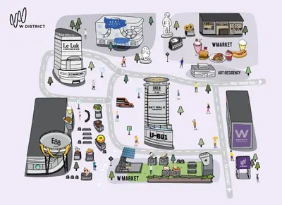 a map of the city with people and buildings at Beat Hotel Bangkok in Bangkok