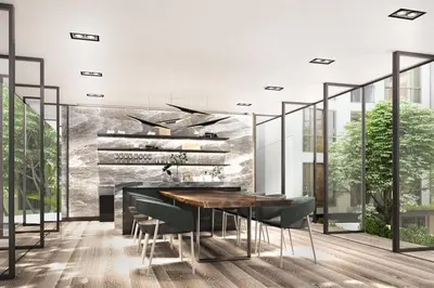 a rendering of a dining room with a table and chairs at NEST Sukhumvit71 BTS - Pool, Fitness, Parking, Wifi in Bangkok