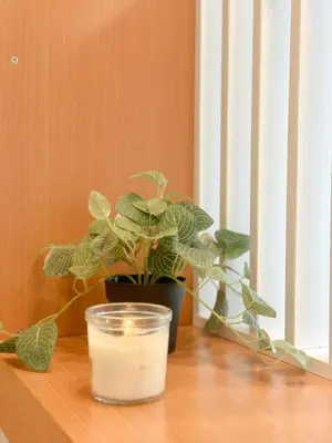a candle on a table next to a potted plant at Happiness Sleep in Thung Si Kan